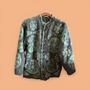 Parsley & Sage Black Jacket Zipper & Button Combo Coat Boho Green Accents Medium